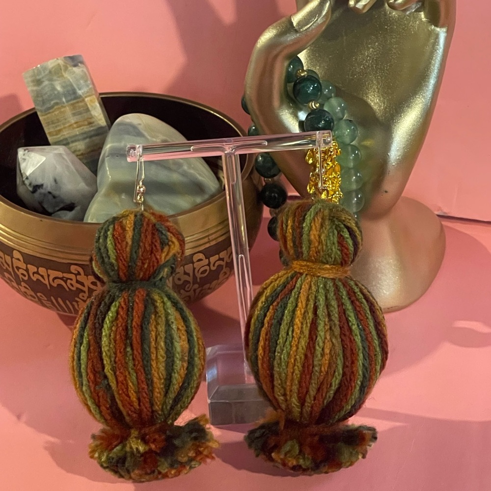 NEW Bohemian Crochet Tassel Pom-Pom army green brown stripe black-owned earrings